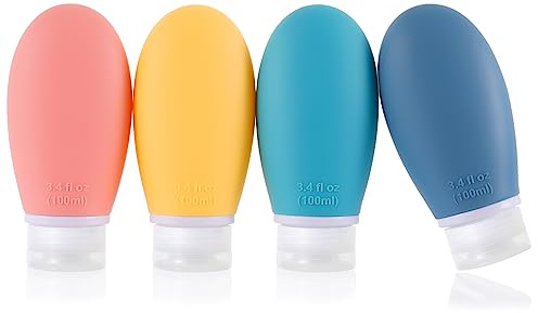 Silikon reseflaskor, 4-pack 100 ml läckagesäker kläm-påfyllningsbar bärbar tom resestorlek flaskor tillbehör behållare för toalettartiklar, schampo, balsam lotion, BPA-fri och TSA-godkänd