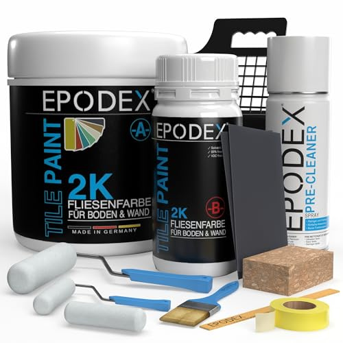 EPODEX 2K PEINTURE CARRELAGE avec accessoires, salle de bain, cuisine & plus, vernis carrelage sol & mur, peinture époxy - 1,8 kg suffit pour 2 couches sur 7m² - Gris clair - Pastel