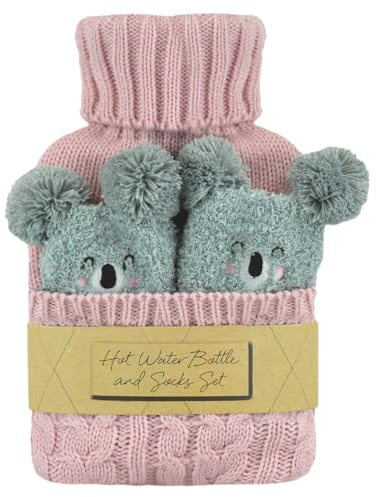 A2Z Hot Water Bottle 1 litre Capacity Pink Cable Knitted Cover and Cosy Socks Gift Set Leak Proof Hot Water Bag for Pain Relief Cosy Nights & Relaxation