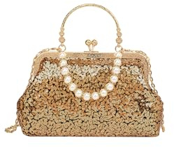 CORIOS Borsetta da Sera con Paillettes Donna Clutch con Perline Pochette Piccolo con Catena Elegante Borsa a Spalla Borsa Sposa Borsa a Tracolla Retro Borse Messenger Oro