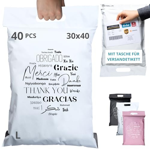 40 sobres para envíos de ropa CON BOLSA PORTADOCUMENTOS - 2 Tamaños M/XL - 100% OPACO/ULTRA-RESISTENTE/IMPERMEABLE - Sobres Plastico con Asa - Bolsas de Envio Paquetes (Blanco, Tamaño L)