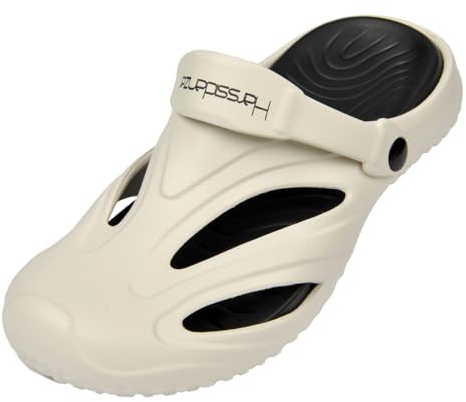 Harssidanzar Zuecos para Hombre y Mujer Zapatos de Jardin,Sandalias de Playa Antideslizantes con Plantillas extraibles para Exterior Interior HU201EU,Blanco/Negro,Talla 44/45