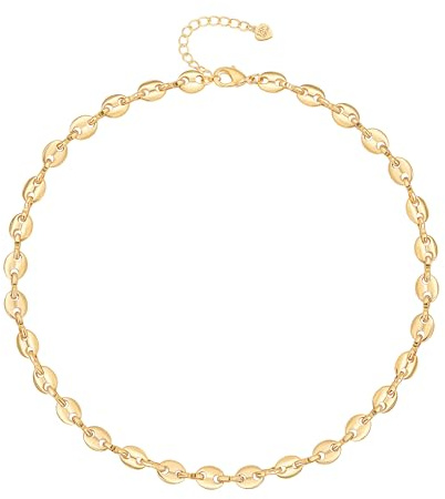 KOOUNUATA 18K Collana a Catena per Donne Minimalista con Ancoraggio Puffato Link Marinai Collana a Fagiolo di Caffè Gioiello Fatto a Mano Catena Piatta a Naso di Maiale