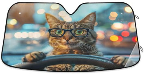 Auto-Sonnenschutz für Frontscheiben, lustige Katze mit Brille, faltbar, Frontscheibe, Sonnenschutz, reflektierend, Auto-Sonnenschutz, blockiert UV-Strahlen für Auto, LKW, SUV, 139,7 x 70,1 cm