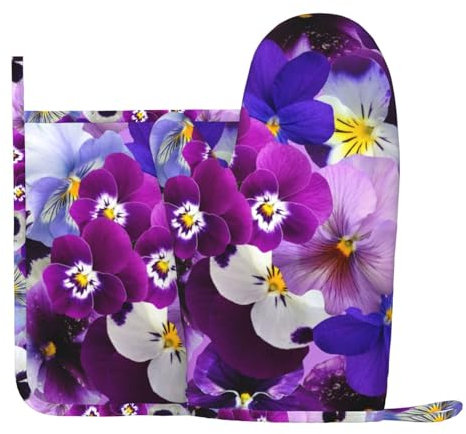 Grafik Stiefmütterchen Ostern Frühlingsblumen, Ofenhandschuhe und Topflappen-Set, hitzebeständige, rutschfeste Küchen-Ofenhandschuhe aus Silikon