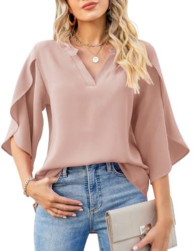 RoomTour Dam, sommarblus, elegant med volangärmar och V-ringad, chiffongblus, lediga toppar, ROSA, XXL