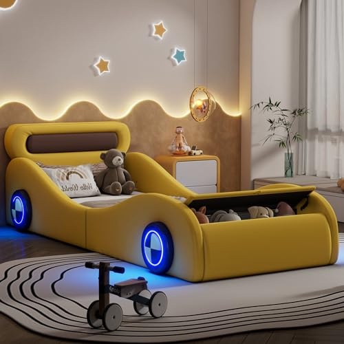 Lcoho Letto imbottito, 90 x 200 cm, letto singolo, letto per bambini, letto per ragazzi, letto imbottito a forma di auto con ruote luminose e spazio di archiviazione, PU, senza materasso (giallo)