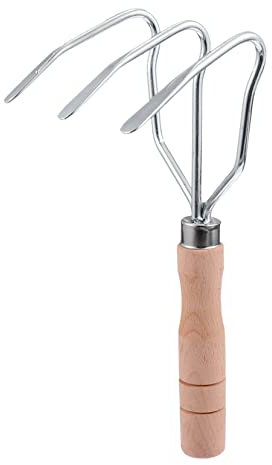 KONTONTY Rastrillo De Tres Dientes Cultivador Manual para Jardín Herramienta Ligera y Duradera Mango De Madera