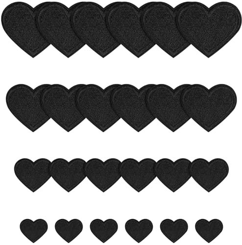 NISENTIA 24 Stück Patches zum Aufbügeln, Herzen zum Aufbügeln Flicken Bestickte Bügelflicken Bügel Lässig Patches Bügelbilder Bügelpatch Bügelpatches Aufnäher Klein Schwarz für Kleidung Hosen Jeans