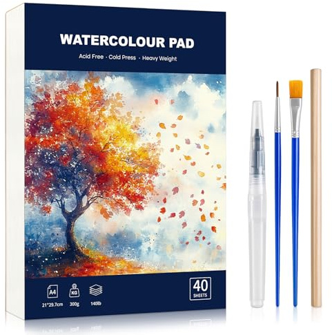 40 Sheets Watercolour Paper Pad A4 with Watercolour Brush and Pencil, 300 GSM Watercolour Sketchbook Cold Press Water Colour Paper for Artist Student, Art Painting, Drawing, Mixed Media