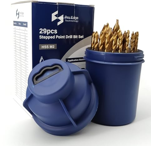 Pro Edge 29 Piece HSS Stepped Point Drill Bit Set, 1/16-1/2 Titainnium Coating 3-Flat Shank No Pre-Drilling Twist Drill Bit Set for Acrylic Metal, Steel, Wood, Plastic, with Round Case