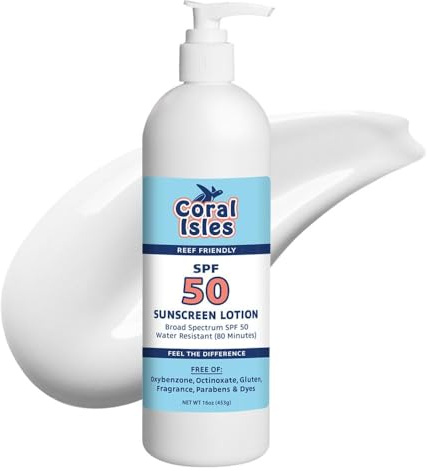 Coral Isles KIDS Sunscreen SPF 50 | 16 Fl OZ Botlle w/Pump | Hawaii Compliant as Reef Safe | Octinoxate & Oxybenzone Free | Broad Spectrum UVA/UVB | Water Resistant 80 Min.