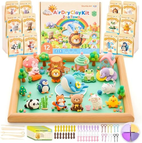 Shuttle Art Air Dry Clay for Kids - Zoo Town, 55 PCS Modeling Clay Kit with Sculpting Tools and Tutorials, Safe & Non-Sticky, Craft Gifts for Boys & Girls