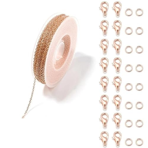 TXLEAPEY Kedjor 3 meter kabel stickning smycken tillbehör för tillverkning, halsband, örhängen, armband, kit gör-det-själv (rosguld)