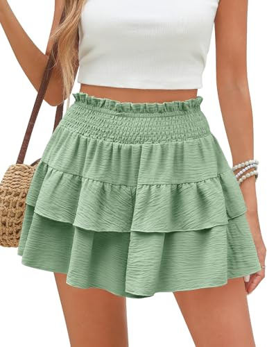 PASUDA Jupe Short Femme Été Chic Élégant Taille Haute Elastique Mini Jupe Courte Sexy Volants A-Ligne Décontracté Base Uniforme Plissée roulettes Jupes