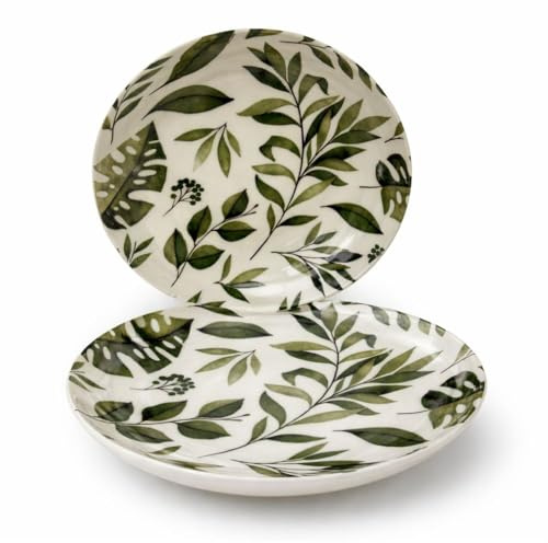Cecaro Group Servizio Piatti 12 Pezzi in Porcellana – Set Tavola per 6 Persone con Decorazione Foglie Verdi – 6 Piatti Piani 23 cm + 6 Piatti Fondi 20 cm