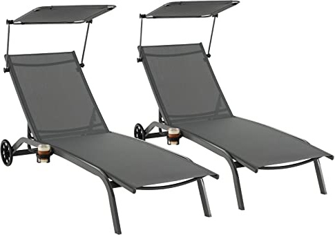 COSTWAY Set med 2 solstolar med hjul och tak, trädgårdsfåtölj | 6-vägs justerbart ryggstöd, mugghållare, terrassstol, utomhussolstol, strandstol för trädgård, terrass, grå