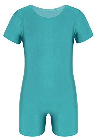 iEFiEL Unisex Kinder Jungen Mädchen Kurzarm Turnanzug Gymnastikanzug Trikot Leotard Basic Einfarbig Tanzbody Gymnastikbody Turnbody für 4-14 Jahre Türkis 128
