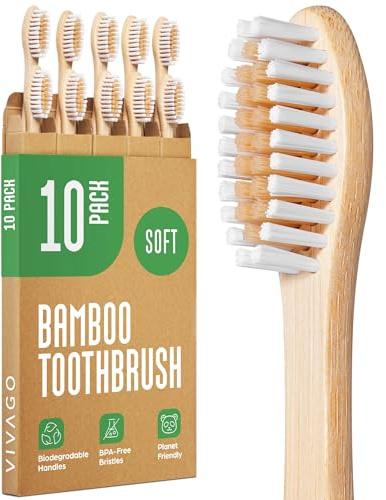 VIVAGO Bamboo Toothbrushes 10 Pack - BPA Free Soft Bristles Toothbrushes, Eco-Friendly, Natural Wooden Toothbrush