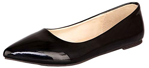 LOVOUO Pump Ballerinor Lack för kvinnor med spetsiga spetsiga skor, Noir, 39 EU