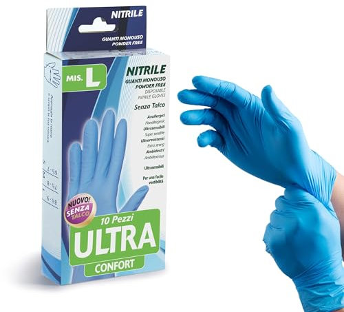Bottari Guantes de nitrilo desechables sin talco ultra confort, paquete de 10 unidades, talla L, resistentes y cómodos