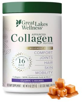 Great Lakes Wellness Movement Boost Advanced Collagen Peptides Powder with MSM, Hyaluronic Acid, Vitamin C - Joint Mobility & Comfort - Caramel Flavored - Non-GMO, Keto, Kosher - 8 oz
