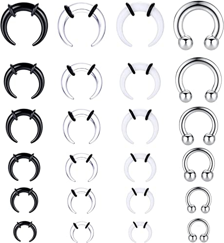 Diamday 24Stück Acryl Pincher Tapers Septum Ringe C Form Hufeisen Piercing Nasenringe Buffalo Stretcher Expander mit Schwarzen O Ringen zum Dehnen Ohrknorpel Nasenpiercing Helix Circular Barbell A