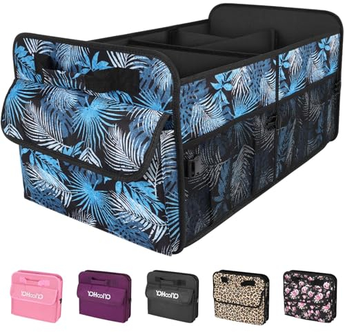 YOHOOLYO Organizer Bagagliaio Auto 72L 60X37X32.5cm Organizzatore per bagagliaio di grande capacità Scomparto multifunzionale, impermeabile, antiscivolo Blu floreale