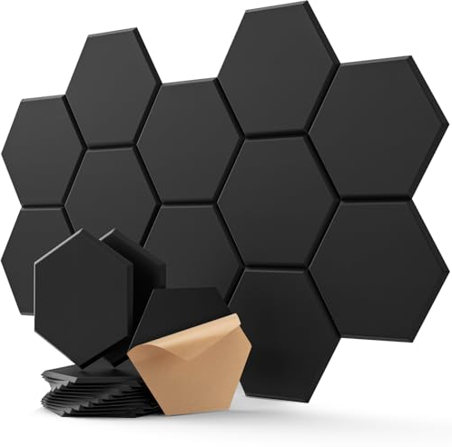 Hexagon Akustikpaneele Selbstklebend 12 Stück Akustikschaumstoff Schalldämmung, Hohe Dichte Schallschutz Wand für Wanddekoration und Akustische Behandlung Schallschutzplatten 30×26×0.9cm