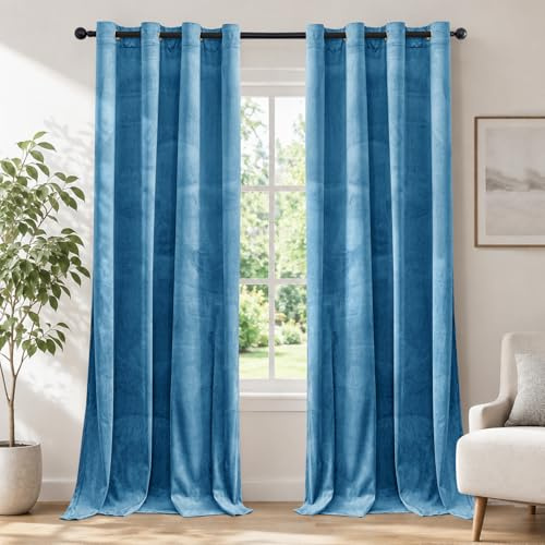 Ystyle Cortinas Salon Terciopelo 2 Piezas, 140×245 cm, Azul | Cortina Opacas Pesante con Ojales, Cortinas Termicas Aislantes Frio Y Calor, Cortina Modernas Dormitorio Habitacion Ventana