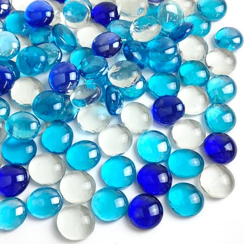 FANTIAN 100 Pcs Blue Glass Beads for Vases, Flat Bule Glass Pebbles for Vase, Aquarium, Wedding Decoration, Bird Fountain, Candle and Mosaic