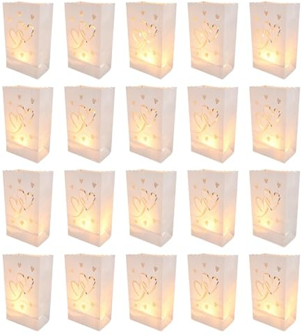 HERCHR 20 Pezzi Sacchetti Portacandele Luminari, Lanterne di Carta Resistenti alla Fiamma con Cuori, Lanternine a Tea Light per Matrimoni, Halloween, Ringraziamento