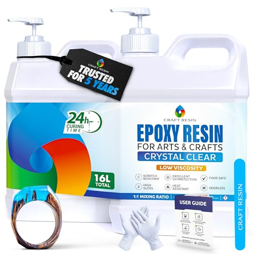 CRAFT RESIN 16L Kristallklart Epoxiharts Kit – Livsmedelssäkert och UV-beständigt för DIY-konst, Trä, Smyckestillverkning, Glasunderlägg och Gjutformar – Självutjämnande, för Både Nybörjare