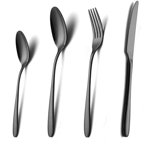 SANLI Couverts De Table Noire 24 personnes, 6 Pièces Un Service De Table Inox Couteau Fourchette Cuillère Ensemble.