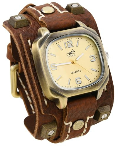MINILUJIA Handmade Men Watches with Wax Rope Sewn Vintage Punk Hip-Hop Gothic Wide Genuine Soft Leather Cool Cuff Wristwatch Personalized Watch Square Bronze Dial
