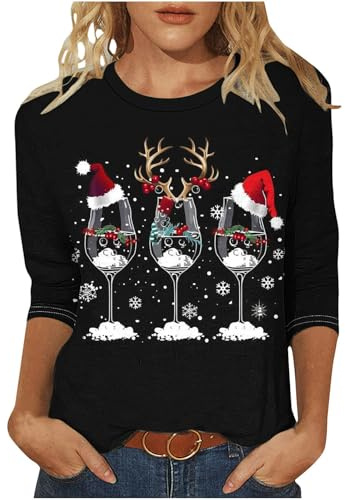 Christmas T Shirts Women Light Up Christmas Tree Printed Tops Sparkly Wine Glass Xmas Shirts Crewneck Blouse Casual Pullover 3/4 Sleeve Tunic Tees for Work Officce Size 8-22