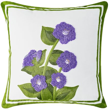Fundas de cojín bordadas con flores moradas y hojas verdes, fundas de cojín cuadradas decorativas coloridas para casa de campo, sala de estar, dormitorio, sofá, decoración del hogar, 45 x 45 cm