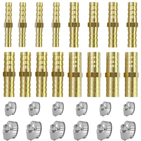 Set di 16 connettori per tubi in ottone monouso, con 12 morsetti per tubo in 2 misure, per lavatrice, balcone, toilette, giardino (6/8/10/12 mm)