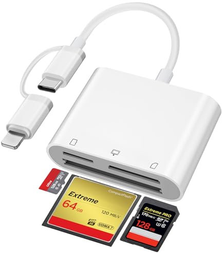 Denlane Lettore di schede 3 in 2 CF/TF/SD con Lightning/USB-C per iPhone e Android, lettore di schede di memoria per iPhone 16/15/14/13/12/11, iPad, MacBook, Android, ecc