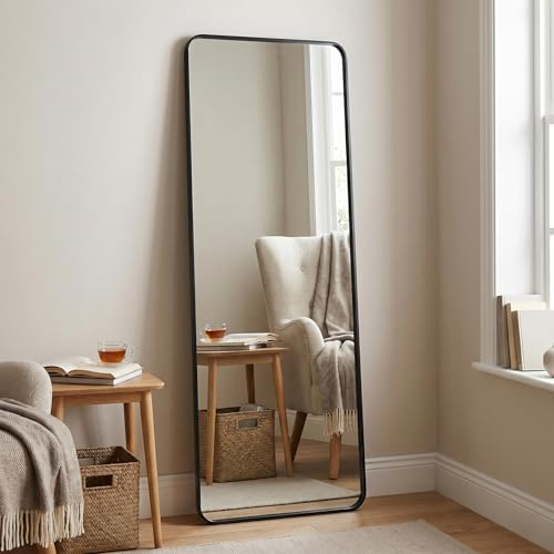 Koonmi Rounded Full Length Mirror with Stand, 150 x 40 cm, Black | Tempered glass, Aluminium frame, Suitable for bedrooms/dressing areas and living rooms