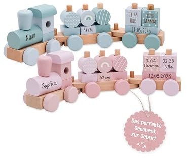 wunderwunsch smallfoot personalisierter Geburtstagszug, Motorikspielzeug, Geschenk Geburt, Personalisierter Zug, Babygeschenk, Holzeisenbahn, Taufgeschenk, individualisiert (blau)