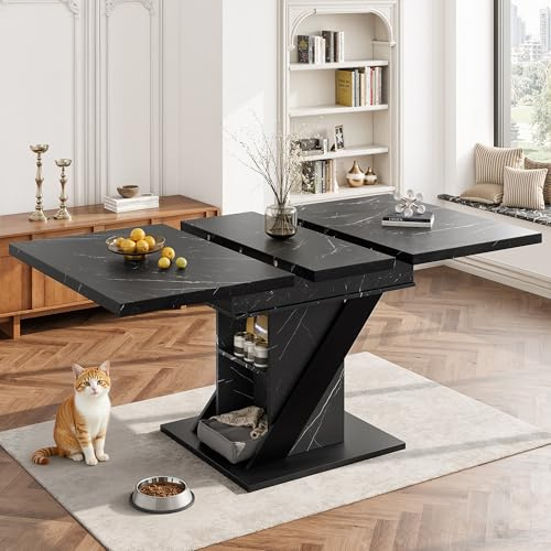 Rosebibi Tavolo da pranzo telescopico (110-140×80 cm), allungabile, tavolo da pranzo moderno e minimalista, tavolo da cucina salvaspazio, per cucina e soggiorno, in nero effetto marmo (Nero-3)