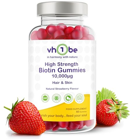 Biotin Gummies 10000mcg Per Serving – 60 High Strength Vitamin B7 for Hair Growth, Skin & Energy Support | Natural Strawberry Flavour Biotin Supplement | Vegan Hair Gummies by vh1be