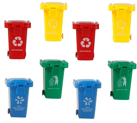 SOPOTUTU Lot de 8 Poubelles pour Garçon et Filles en Plastique Coloré, Mini Poubelles à Pousser Couvercle Rabattable, Jeu Éducatif pour Tri des Déchets et Développement Cognitif, pour
