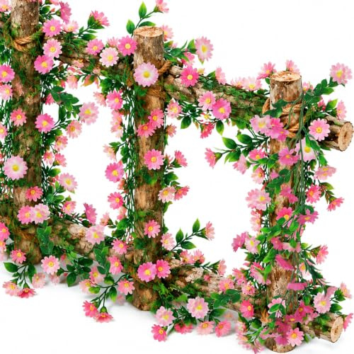 ADORAMOUR Pink Daisy Artificial Flower Garlands, 2Pcs Fake Floral Vines | 2.1m Length Silk Hanging Flowers Decor for Stair Railing, Banisters, Garden, Wedding, Indoor & Outdoor