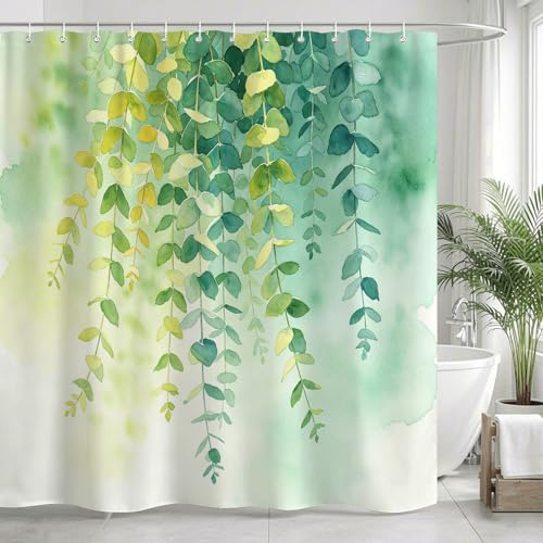 Duschdraperi eukalyptusblad 90 x 200 – vattentät polyester, snabbtorkande, med akvarell växtmotiv för smala duschar och gästbadrum, med 8 krokar – 2012