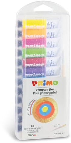 Primo 450T12FMP Temperafarben Set für Kinder mit 12 ml Aluminium Tuben, 12 4 Neon-und 8 Metall Farben, Multicolour