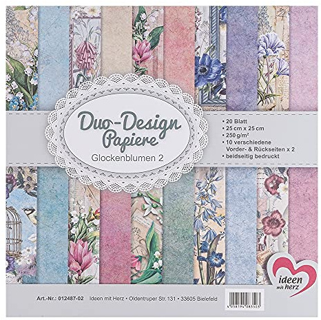 Ideen mit Herz Papeles Duo-Design | Bloc con 20 Hojas de Craft | 25 x 25 cm | 250g/m² | Impreso por Ambas Caras | Papel de Diseño con Motivos | Ideal para Scrapbooking (Campanillas 02)