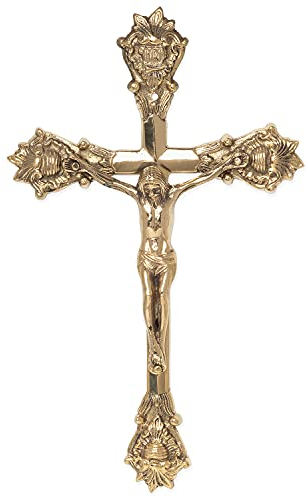Wandkreuz Inri Kruzifix mit Jesus Christus Figur Kreuz Wand Anhänger Auferstehungskreuz Christliches Katholischen Ornament Metall Messingfarben