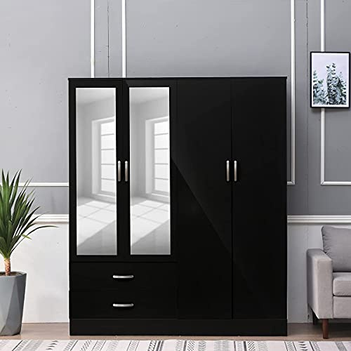 PALAKLOT Modern High Gloss 4-Door Wardrobe with Mirror - Available in White, Grey, or Black - 52D x 154W x 182.5H cm (Black)